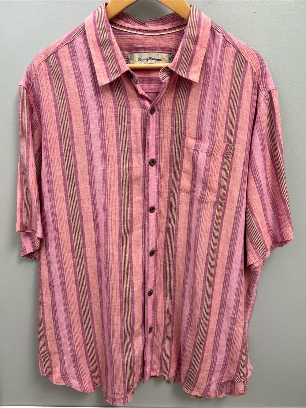 Tommy Bahama Linen Pink Striped Short-Sleeve Button-Up Shirt Resortwear